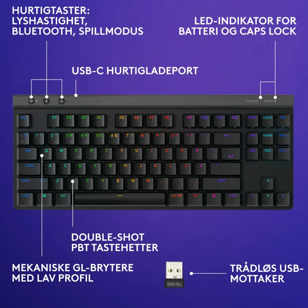Logitech G515 Lightspeed TKL Trådløst gamingtastatur Linear Svart