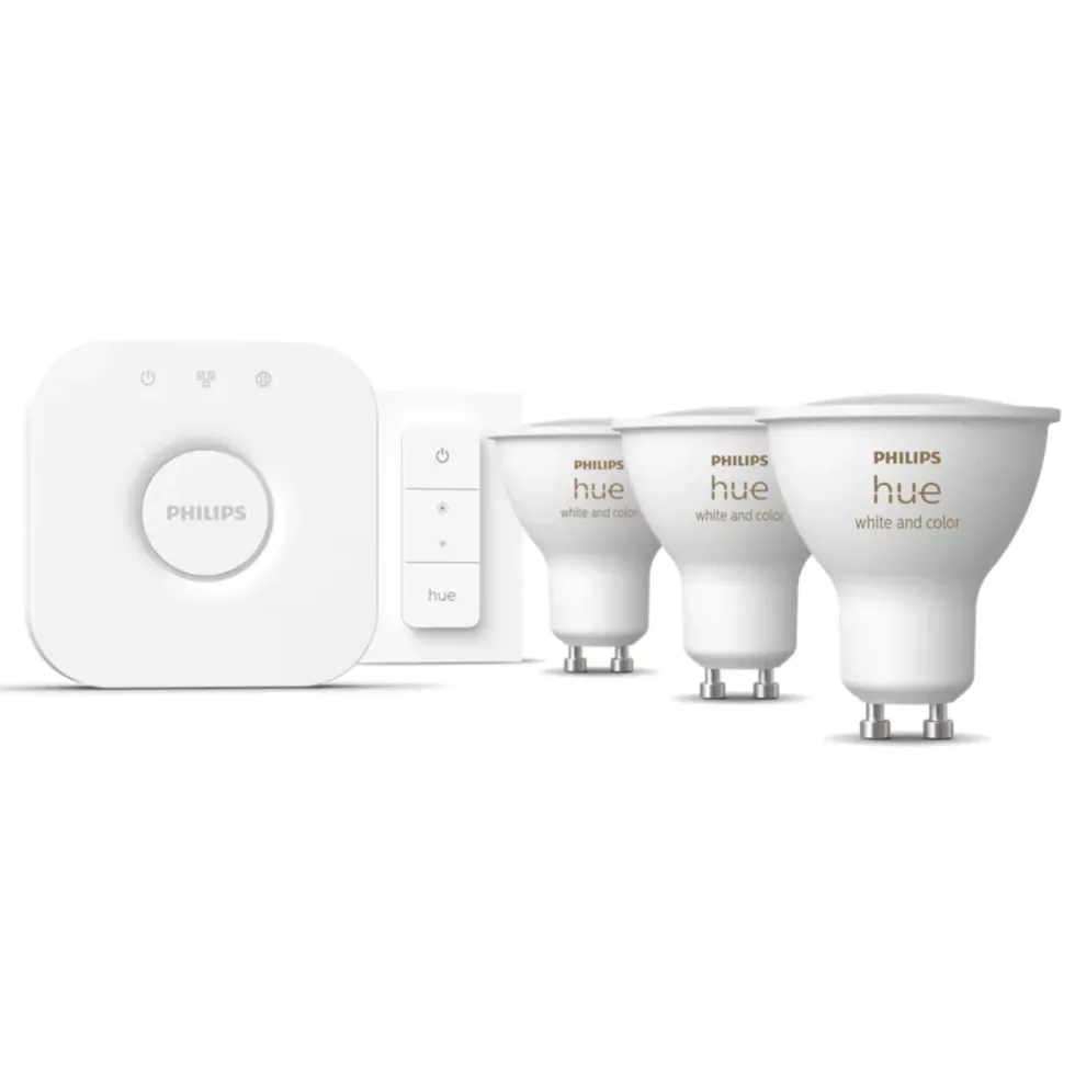 Philips Hue Startpakke: 3x White & Color GU10 + Dimmer + Bridge
