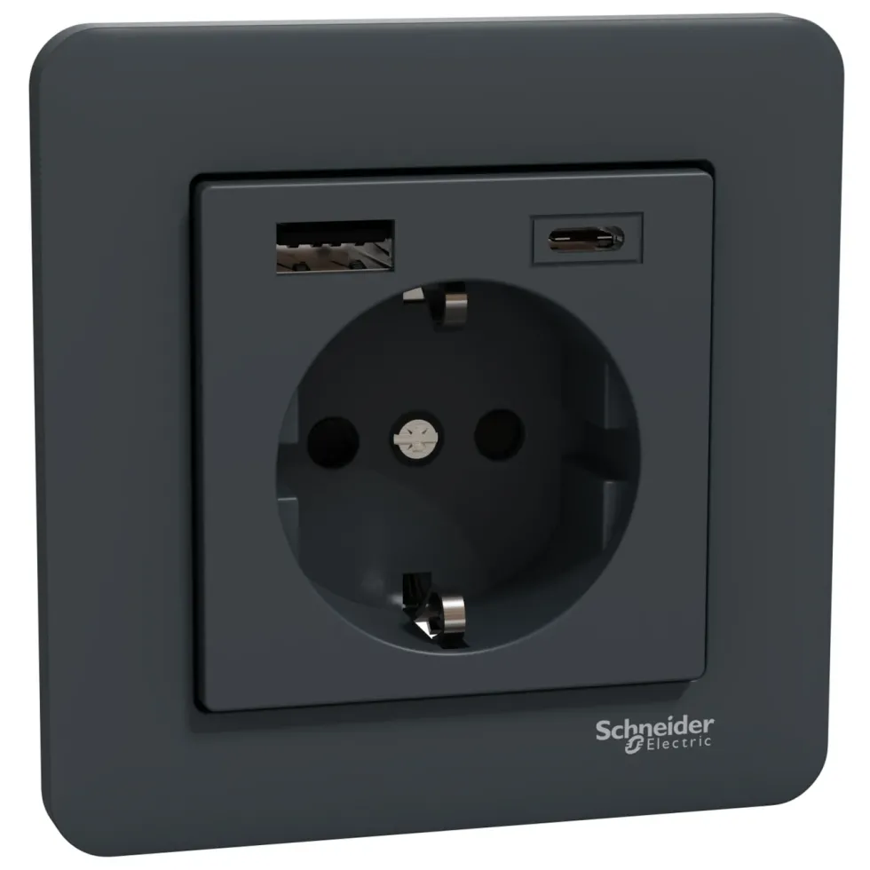 Schneider Electric Exxact Jordet vegguttak med USB-porter Svart