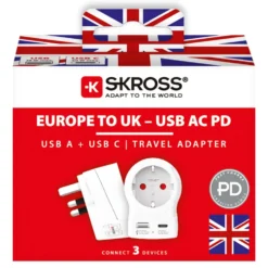 Skross Reiseadapter Europa til UK USB AC PD 20W