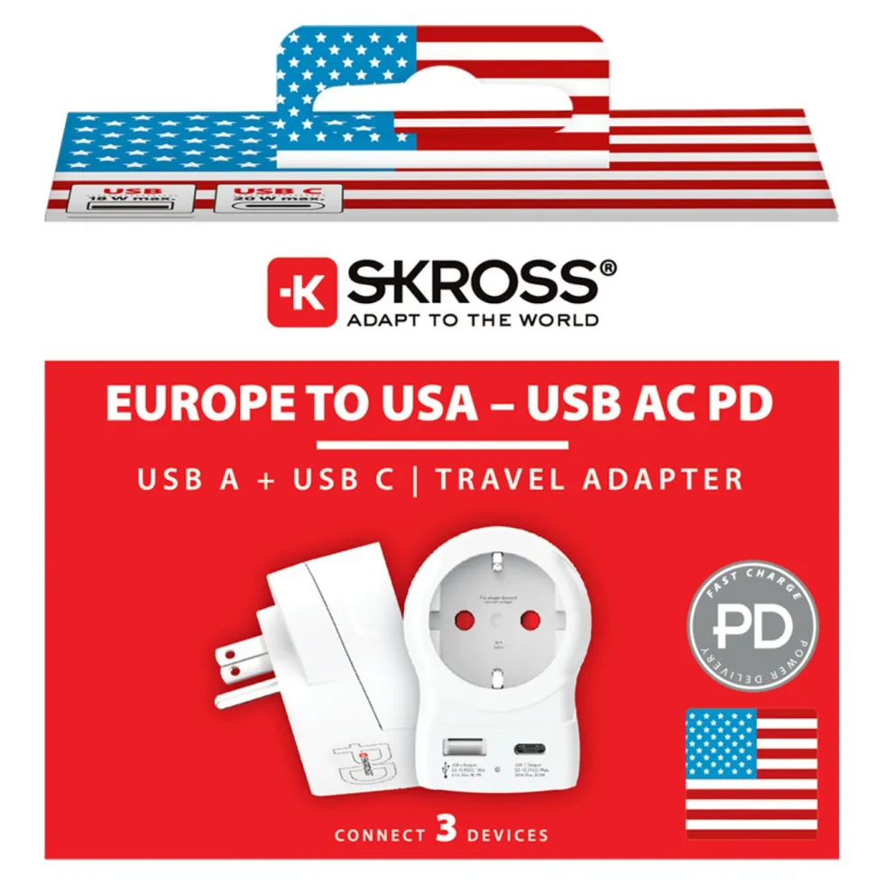 Skross Reiseadapter Europa til USA USB AC PD 20W