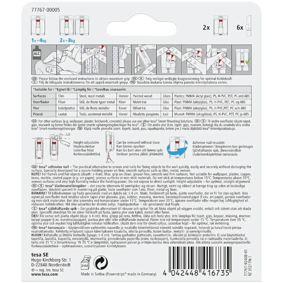 Tesa Justerbar limspiker for kakkel og metall 4 kg 2-pk.