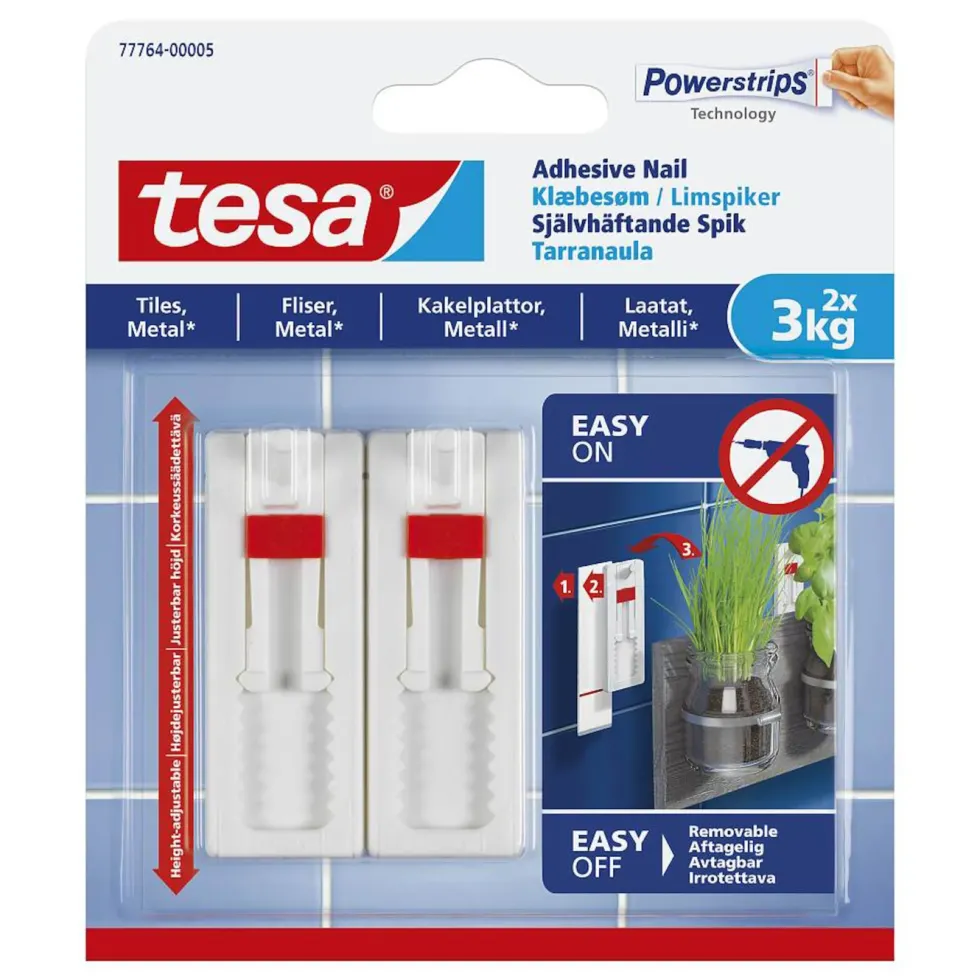 Tesa Justerbar limspiker for kakkel og metall 3 kg 2-pk.