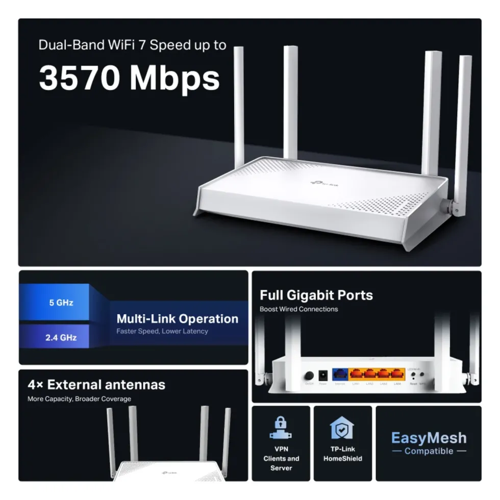 TP-Link Archer BE220W – BE3600 Dual-Band Wifi 7 ruter