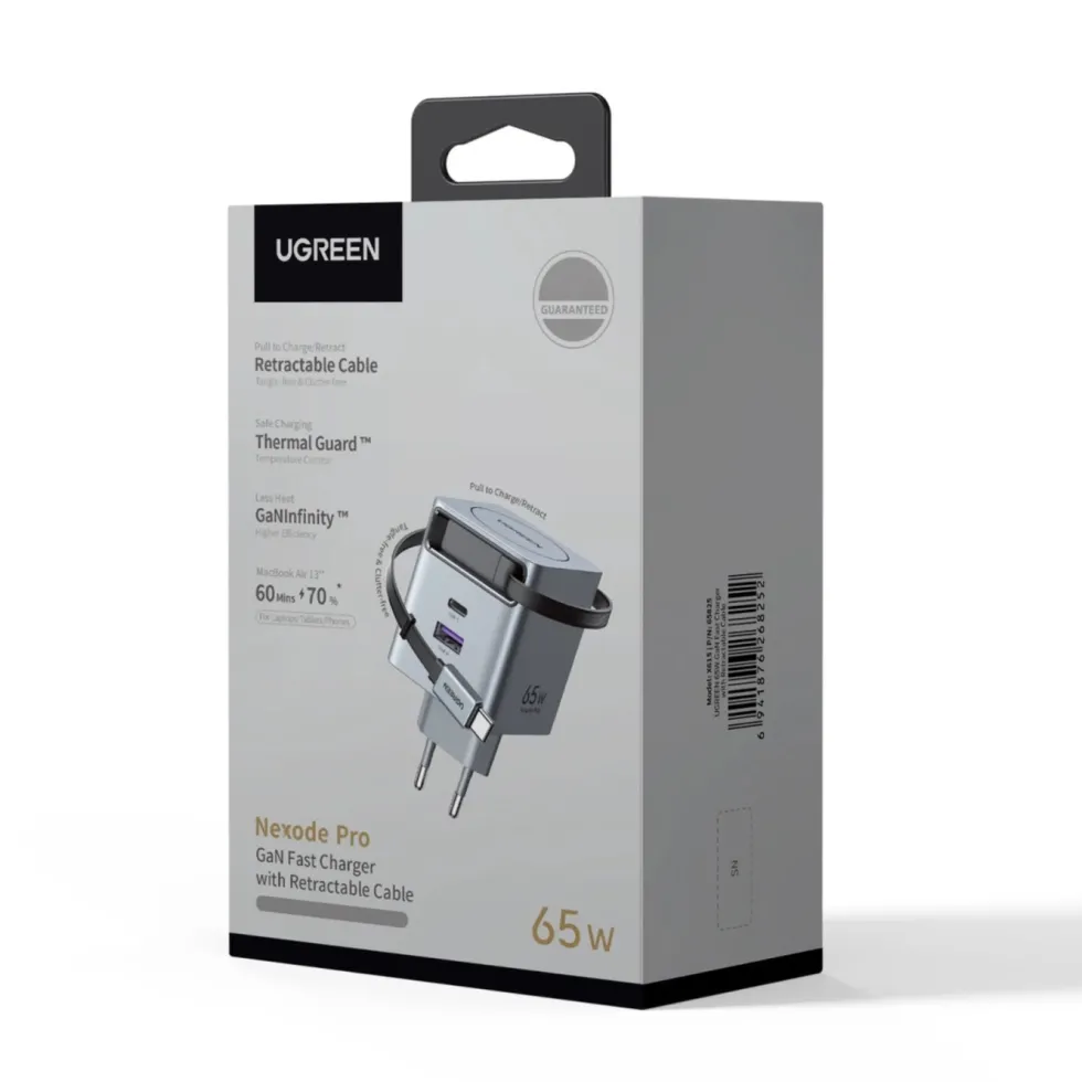 Ugreen Nexode 65 W GaN-hurtiglader med uttrekkbar USB-C-kabel 65 W