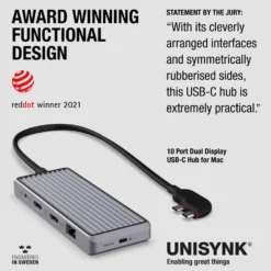 Unisynk 10-ports USB-C-hub for doble skjermer for Mac Grå